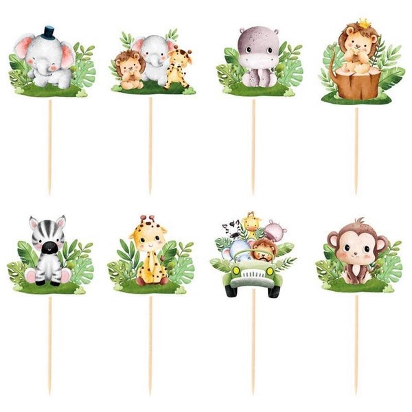 8 Jungle Safari Themafeest cupcake toppers groen