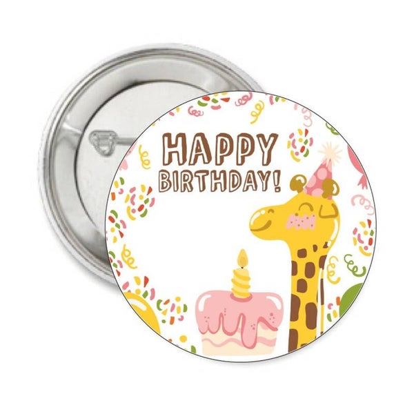Button of (kleding)magneet Happy Birthday Giraf met of zonder eigen tekst