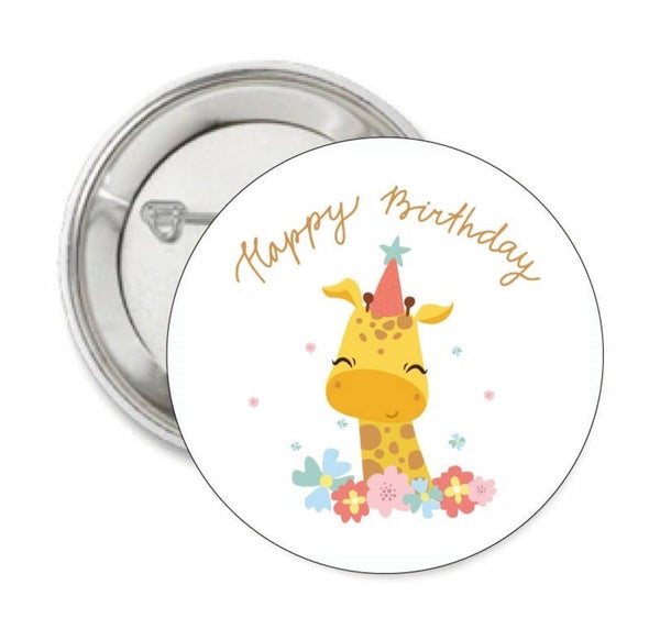 Button of (kleding)magneet Happy Birthday Giraf Flowers met of zonder eigen tekst