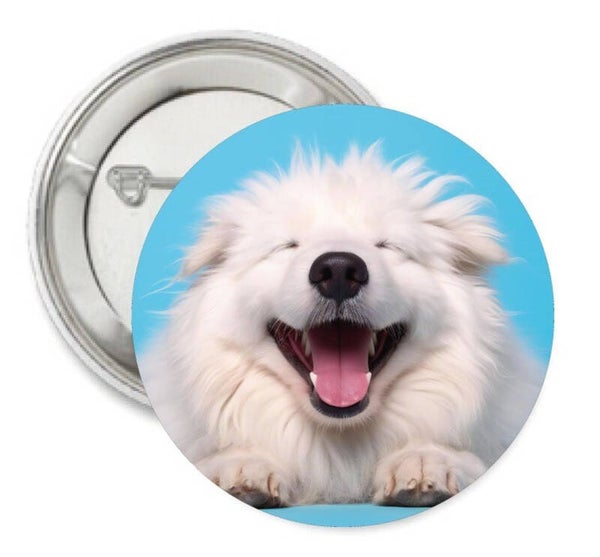 Button of (kleding)magneet Laughing Dog met of zonder eigen tekst