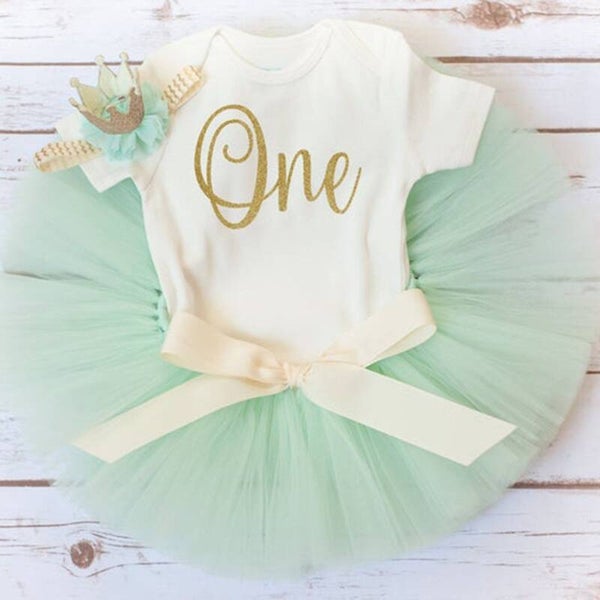 3-delig luxe 1e verjaardag cakesmash tutu setje Gold One mint en wit