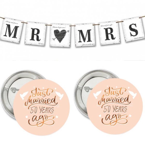 Just Married 50 Years Ago set 50 jaar rosé goud met slinger en 2 buttons
