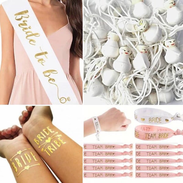 34-delige set Bride en Bride Tribe met sjerp, armbanden, tatoeages en gelukspoppetjes