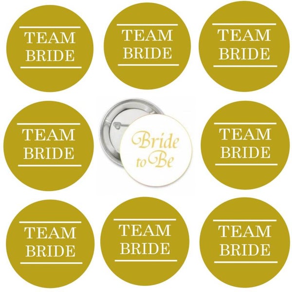 9 Buttons Bride to Be en Team Bride wit en goud