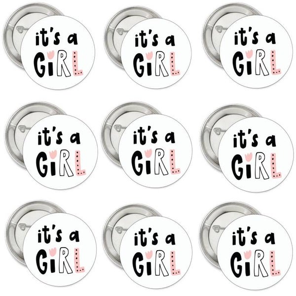 Set met 9 genderreveal buttons It's a Girl black white zalmroze