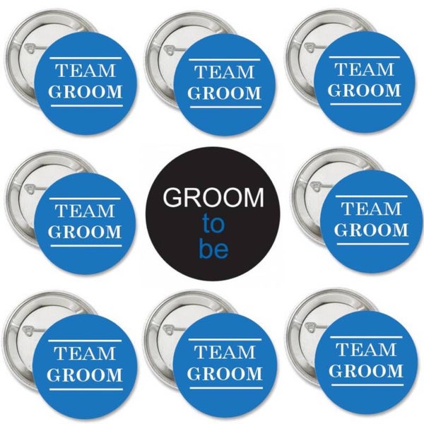 9-delige button set Groom to Be en Team Groom zwart en blauw