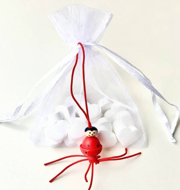 Organza zakje wit, rood gelukspoppetje lieveheersbeestje en 15 mini pepermuntjes