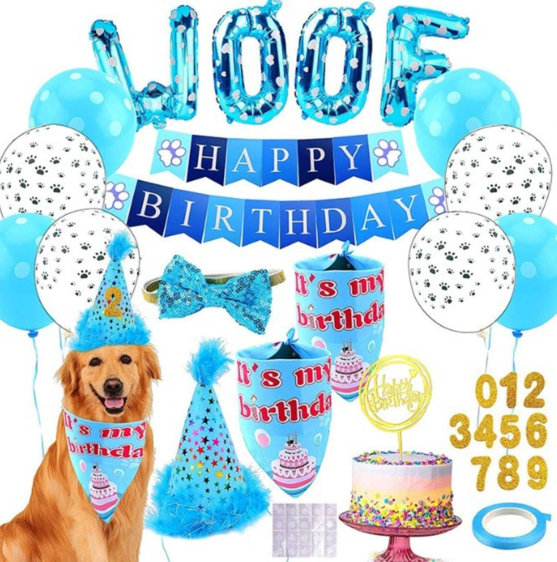 34-delige honden verjaardags set WOOF blauw met stippels