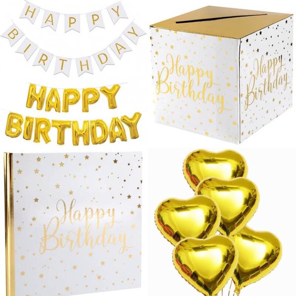 Verjaardag set Happy Birthday wit met goud XL deLuxe