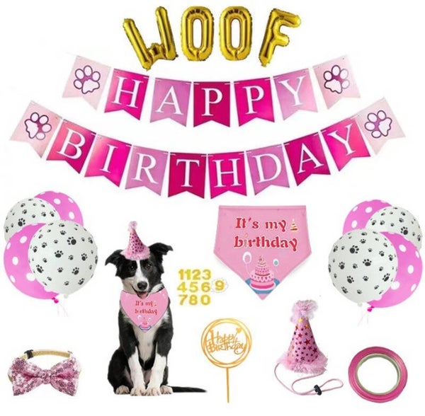29-delige honden verjaardags set WOOF roze met goud en wit