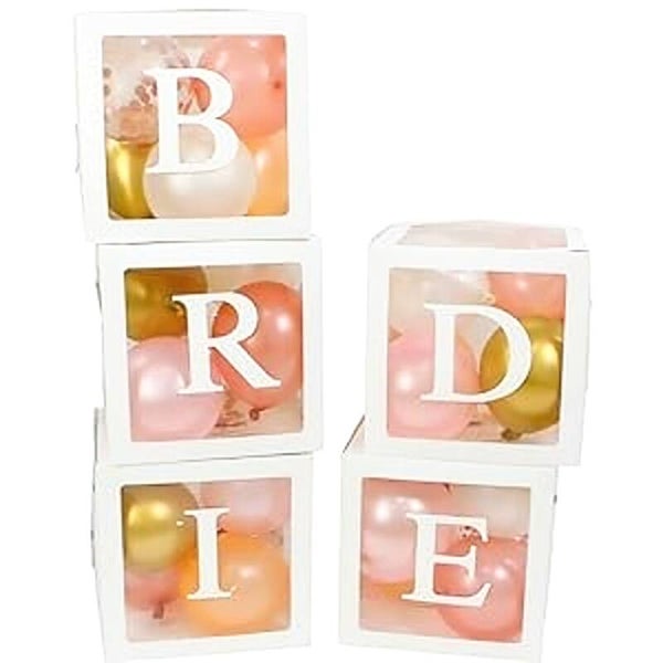 5 doorzichtige letter ballon blokken Bride wit inclusief 30 ballonnen wit, licht roze, zalm en goud