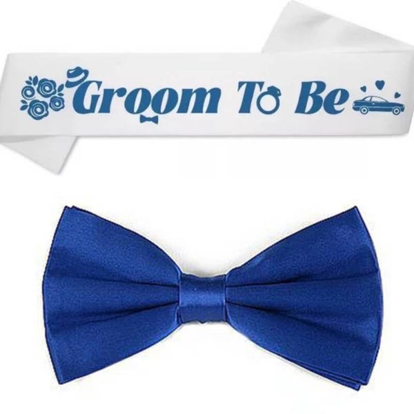 Groom to Be sjerp en dasstrik blauw met wit