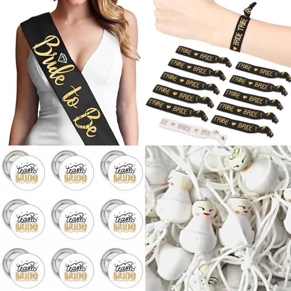 33-delige set Bride en Team Bride Tribe met sjerp, armbanden, buttons en gelukspoppetjes