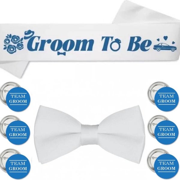 Groom to Be sjerp, dasstrik en buttons wit met blauw 14-delig