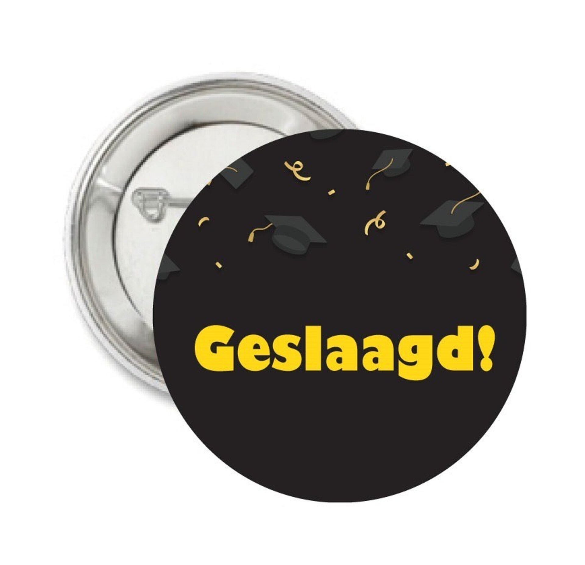 Button of (kleding)magneet Geslaagd zwart met goud met of zonder eigen tekst