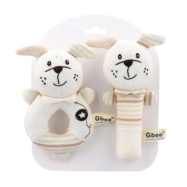 Set met 2 zachte baby rammelaars Sweet Dog in zachte aardetinten