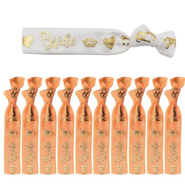 11-delige elastische armbanden set Bride wit en Bride Tribe oranje met hartjes