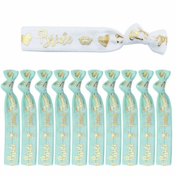 11-delige elastische armbanden set Bride wit en Bride Tribe mint met hartjes