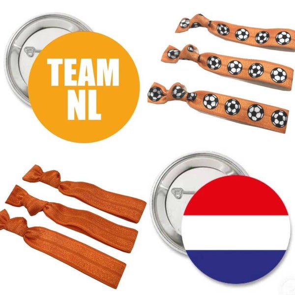Oranje set Team NL met 2 buttons en 2 armbanden/haarelastiek