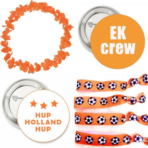 EK set 7-delig met 1 oranje hawaii krans, 2 buttons en 4 armbanden/haarelastieken