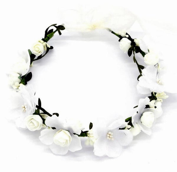 Bloemen haarkrans bohemian style wit, ivoor en groen
