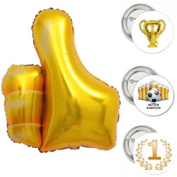 Decoratie set Thumbs Up met gouden folie ballon Duim XL en 3 buttons