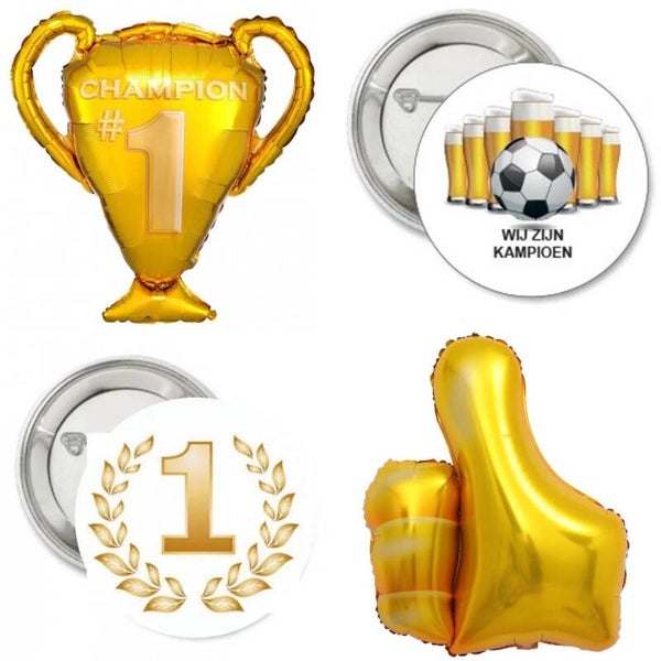 4-delige folie ballon en button set Kampioen