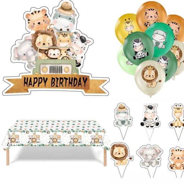 44-delige Jungle Animal set met ballonnen, tafelkleed, taart en cupcake toppers