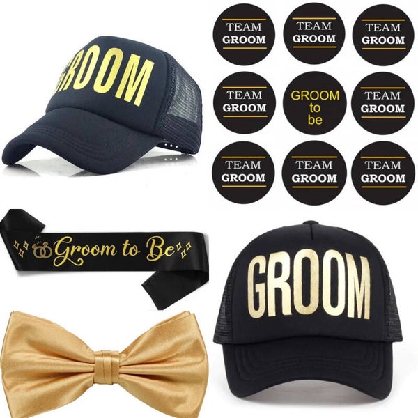 Groom to Be set met cap, sjerp, dasstrik en 9 buttons zwart met goud