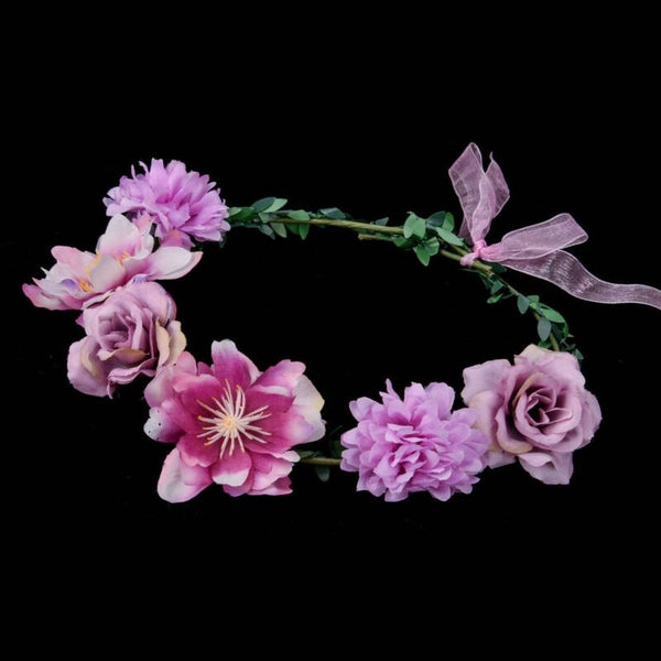 Bloemen haarkrans cyclaam, lila en groen