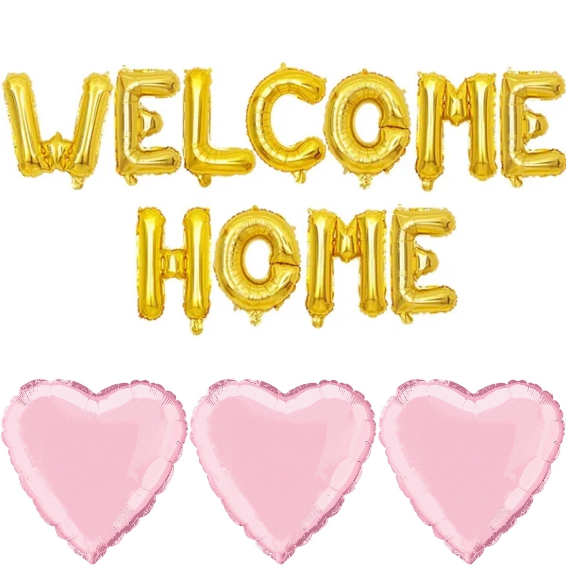 Welcome Home folie ballonnen set goud met 3 roze harten