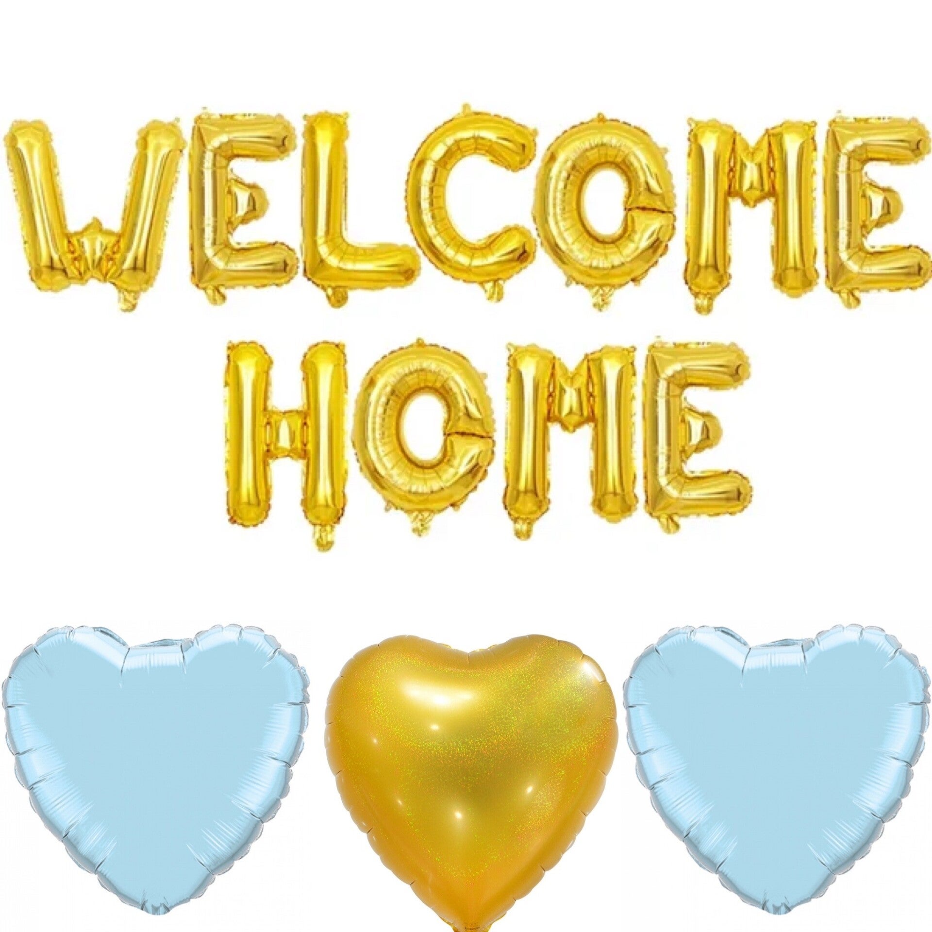 Welcome Home folie ballonnen set goud met 2 blauwe en 1 gouden hart