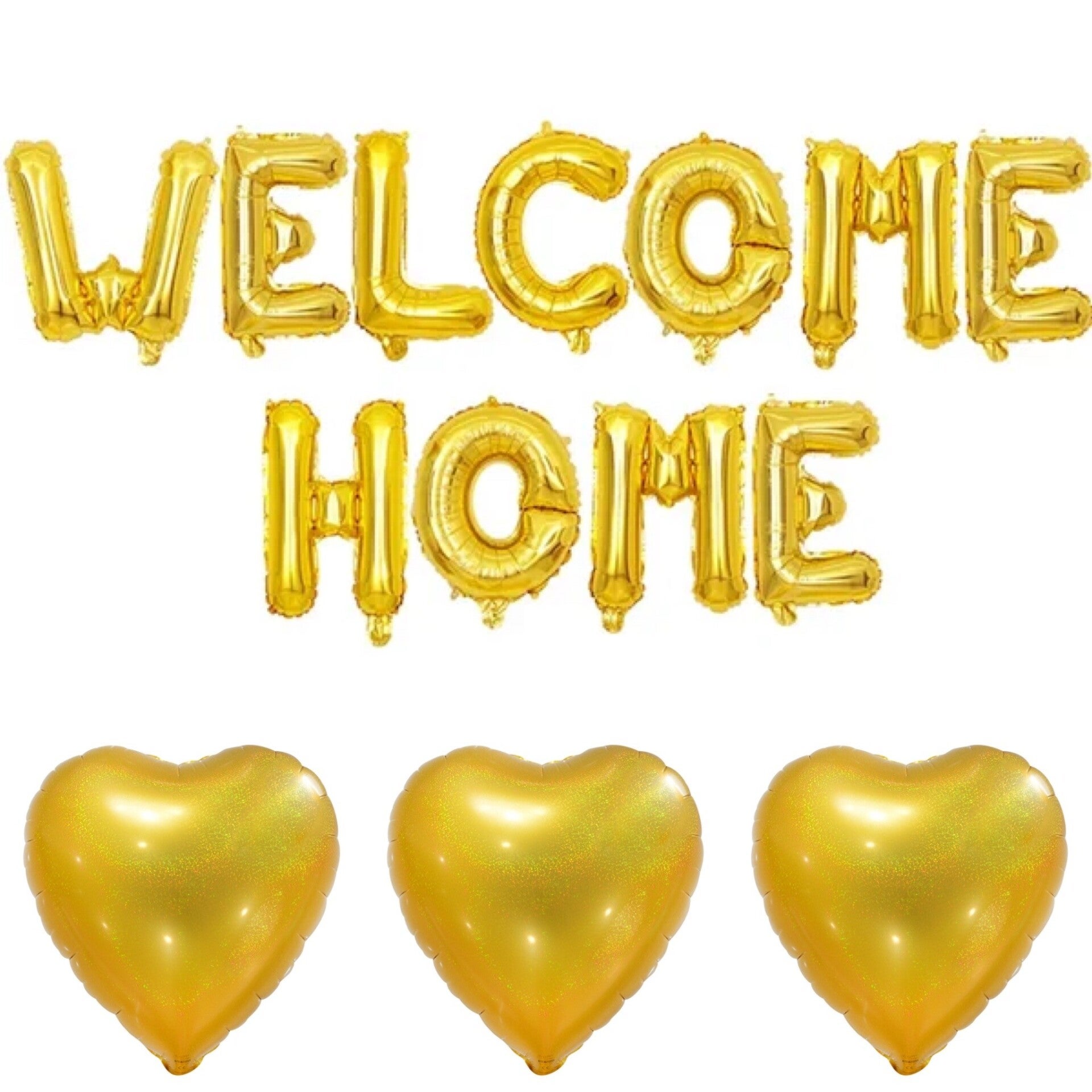 Welcome Home folie ballonnen set goud met 3 gouden harten