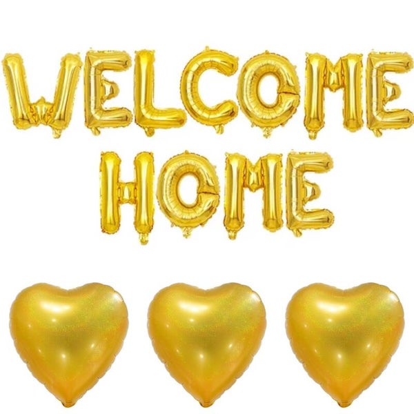 Welcome Home folie ballonnen set goud met 3 gouden harten