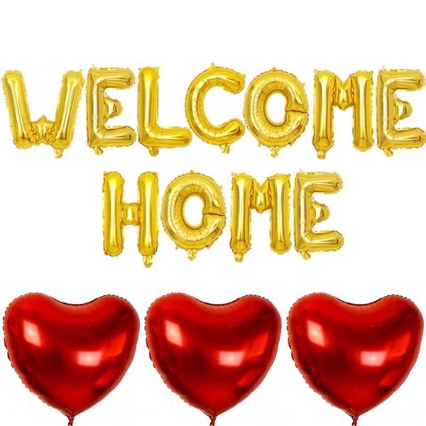Welcome Home folie ballonnen set goud met 3 rode harten