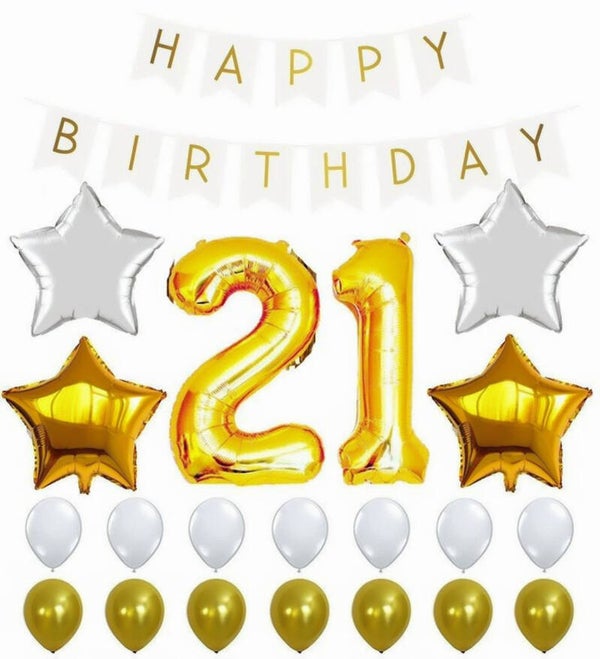 Happy 21 verjaardag decoratie set goud met wit 25-delig
