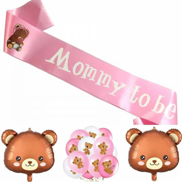 Babyshower sjerp en ballonnen set roze en en wit met beertjes 15-delig