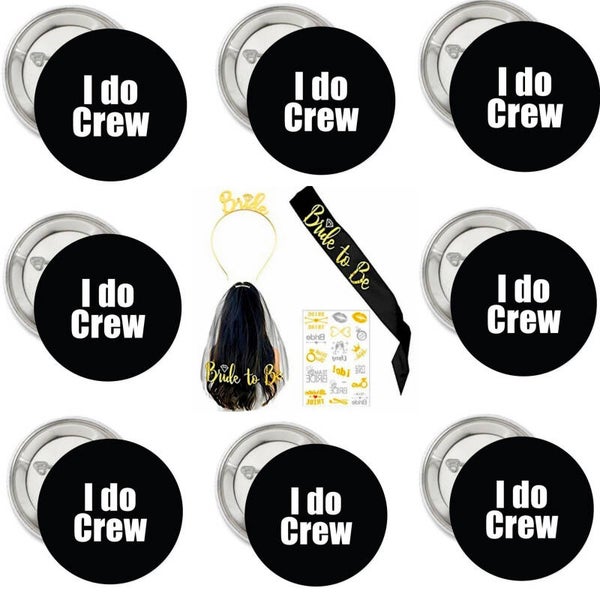 Vrijgezellenfeest set met 1 zwarte sluier, sjerp, tiara, tatoeages en 8 zwarte buttons I Do Crew