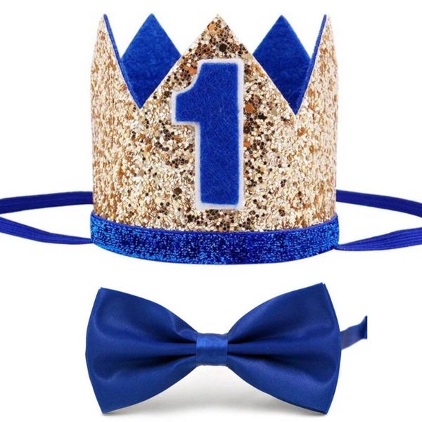 2-delige eerste verjaardag set met hoedje blauw met goud en blauwe vlinderdas