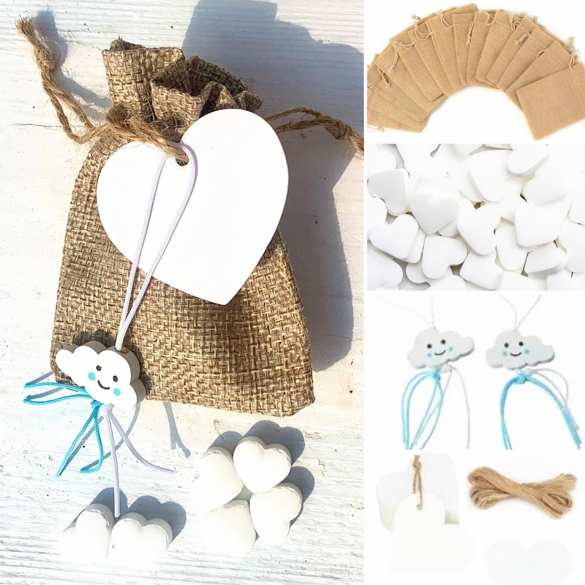 Jute giftbag met 10 hartvormige mini pepermuntjes, gelukspoppetje wolkje blauw en wit kaartje