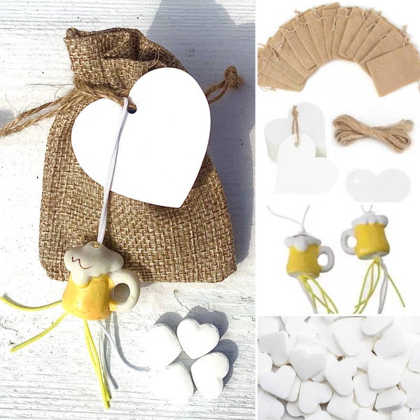 Jute giftbag met 10 hartvormige mini pepermuntjes, gelukspoppetje bierpul en wit kaartje