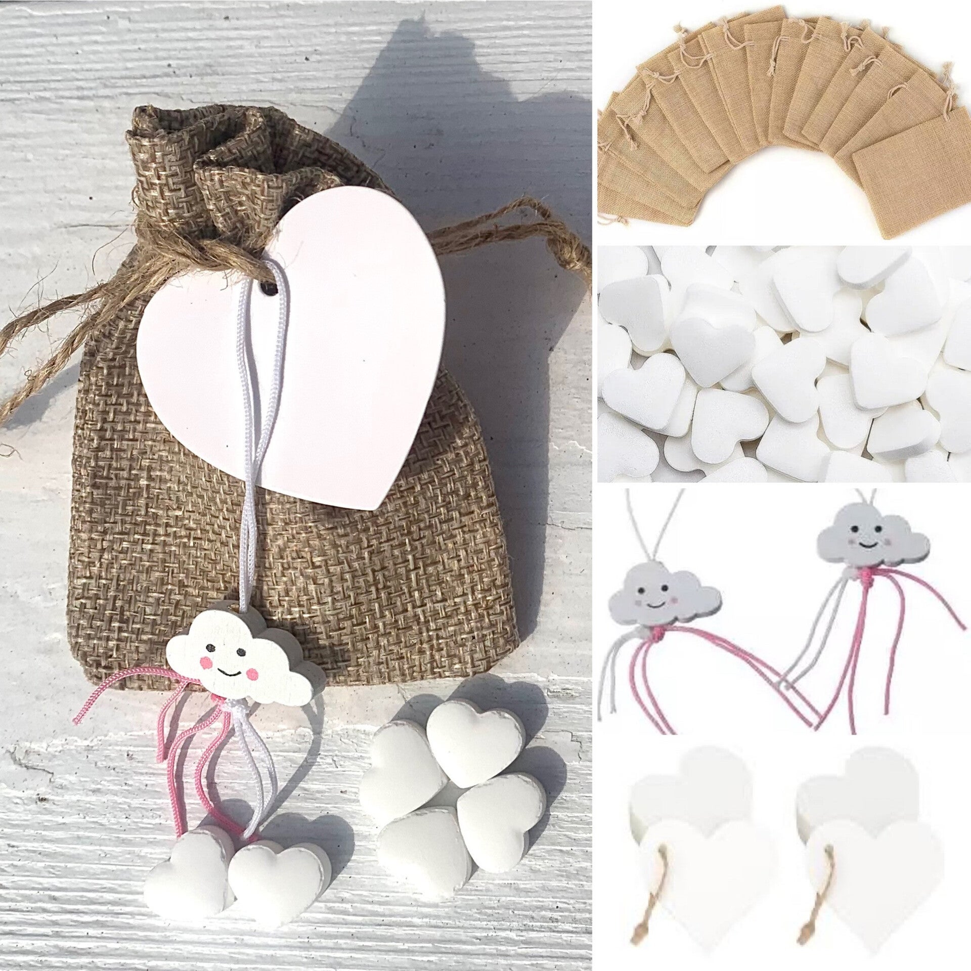 Jute giftbag met 10 hartvormige mini pepermuntjes,  gelukspoppetje wolkje roze en wit kaartje