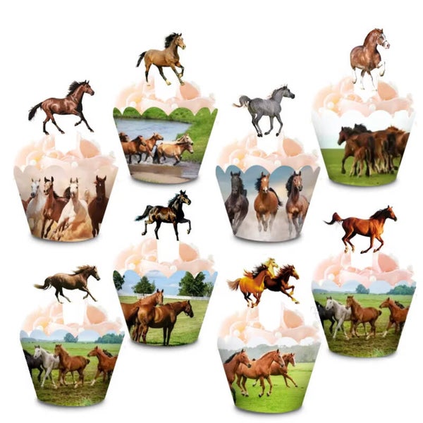 8 Paarden cupcake wrappers en 8 cupcake toppers