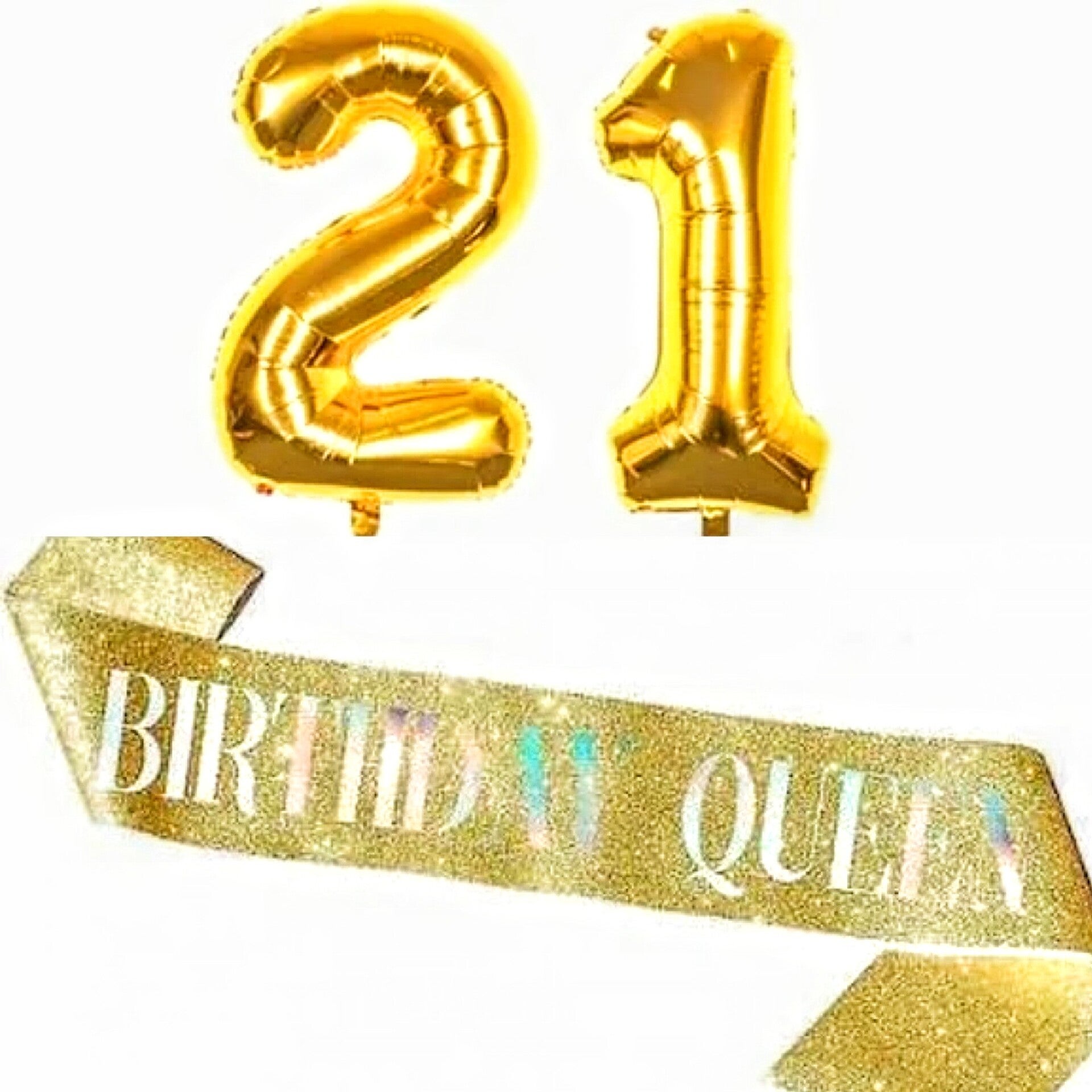 Birthday Queen 21 ballonnen en sjerp goud