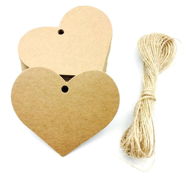 25 hartvormige kartonnen kaartjes bruin met 10 meter jute touw