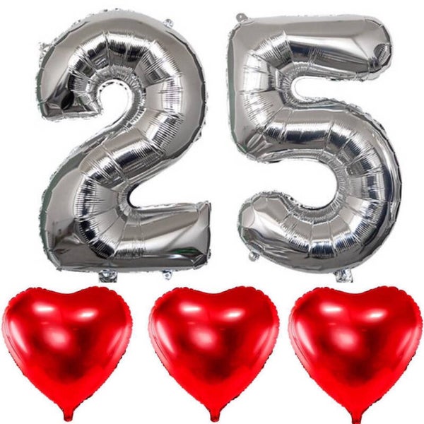 Ballonnen set zilver 25 met 3 rode harten XL