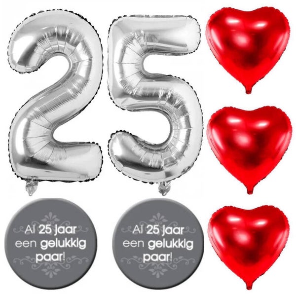 Ballonnen set zilver 25 met 2 buttons en 3 rode harten XL