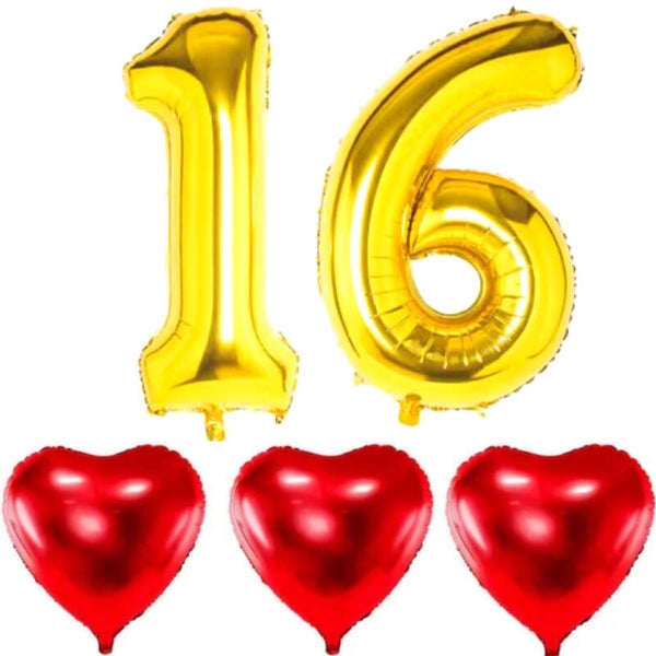16 jaar folie ballonnen set goud met 3 rode harten