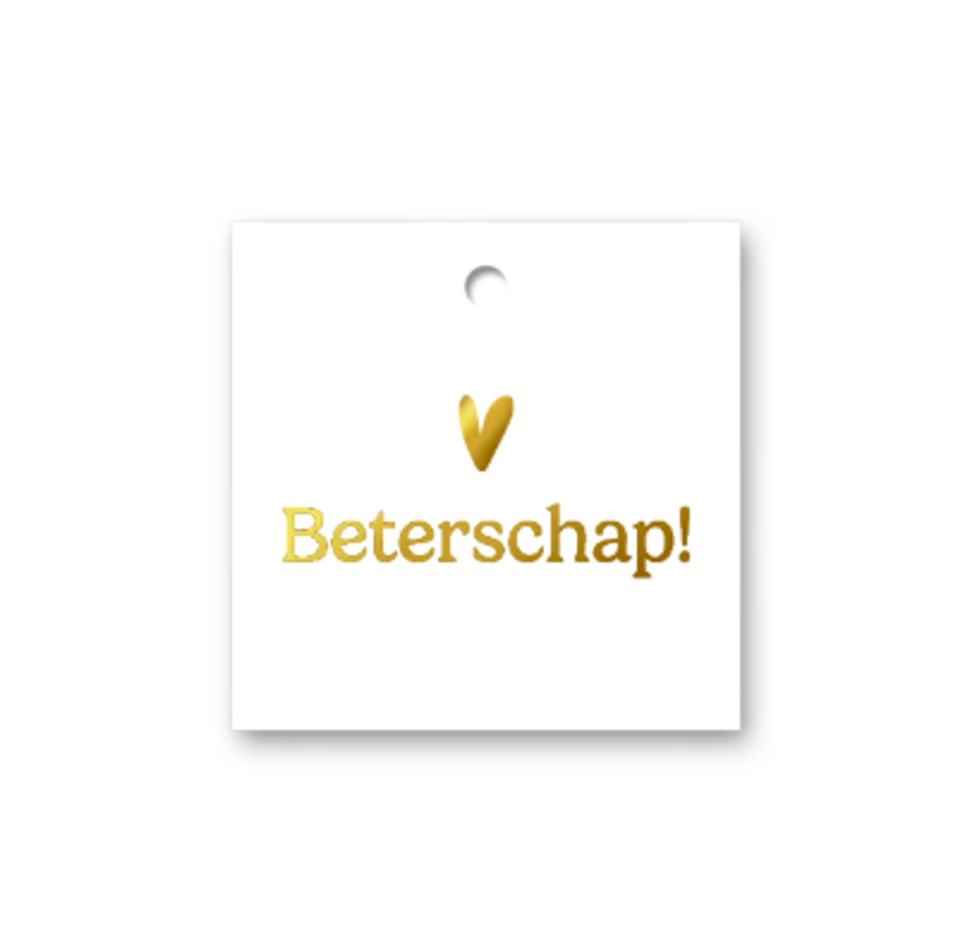 Cadeaulabel Beterschap wit met gouden hartje