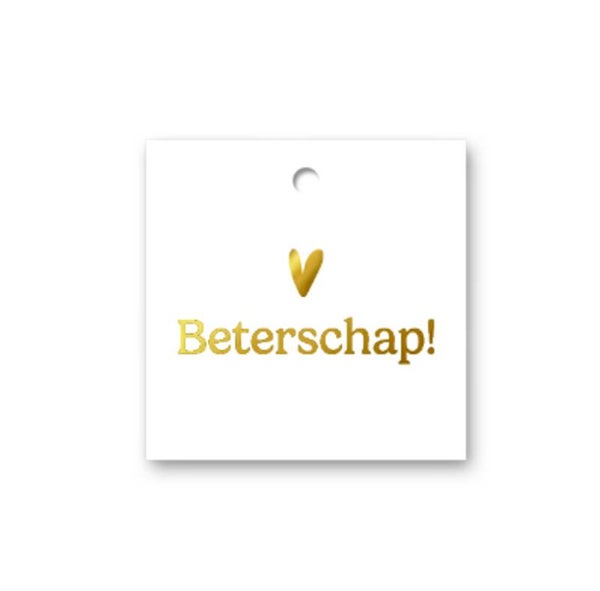 Cadeaulabel Beterschap wit met gouden hartje